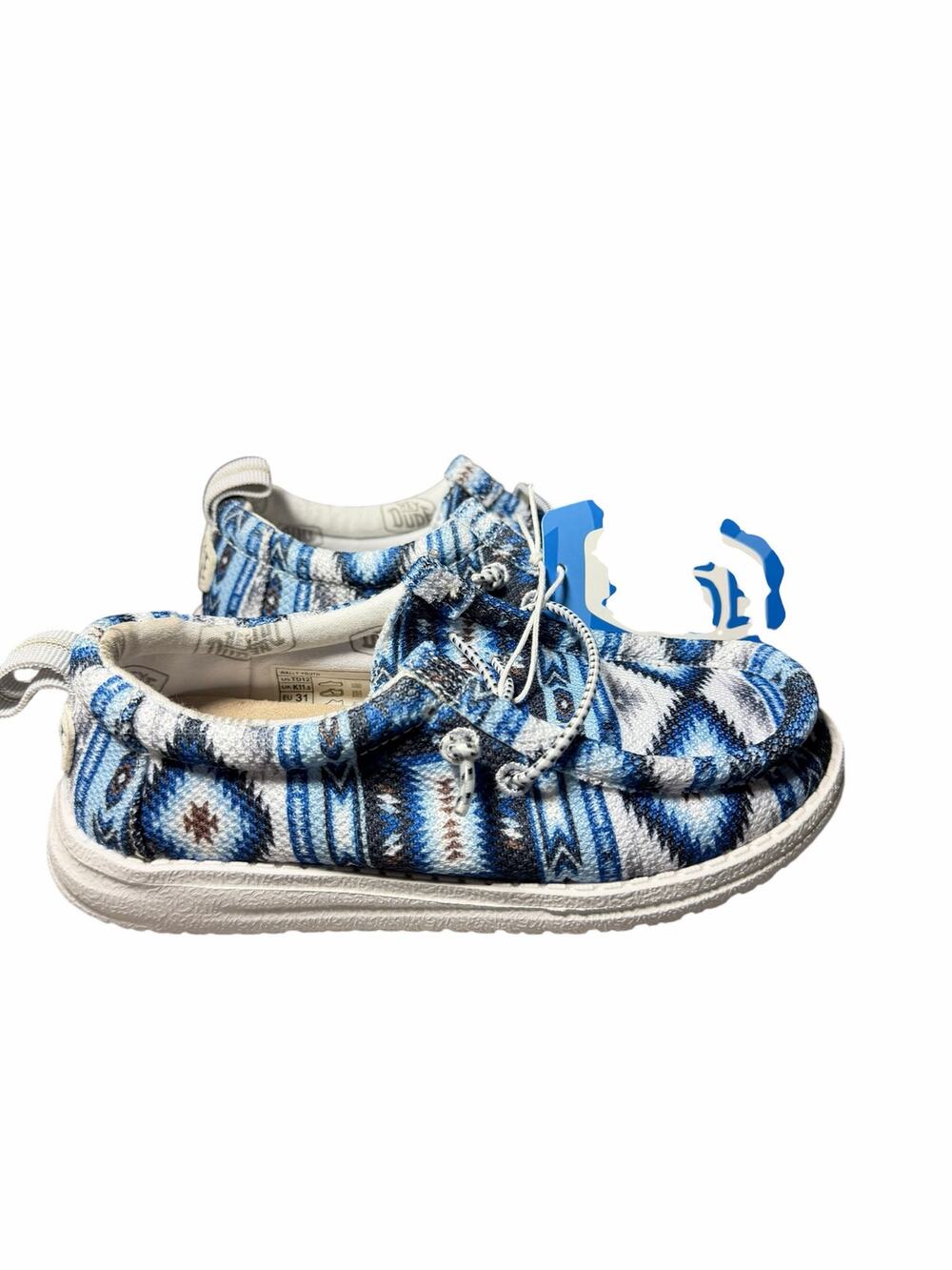 HEYDUDE Wally Youth Boys Size 12 Blue Multi Tribal Slip On Shoes NWT